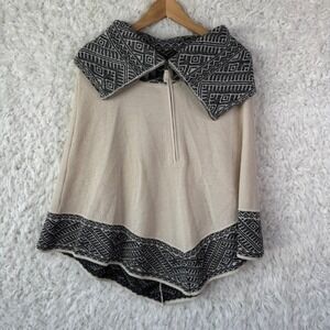 SOL Poncho Cream Black 100% Baby Alpaca Knit Geometric Tribal Boho Cape Sweater